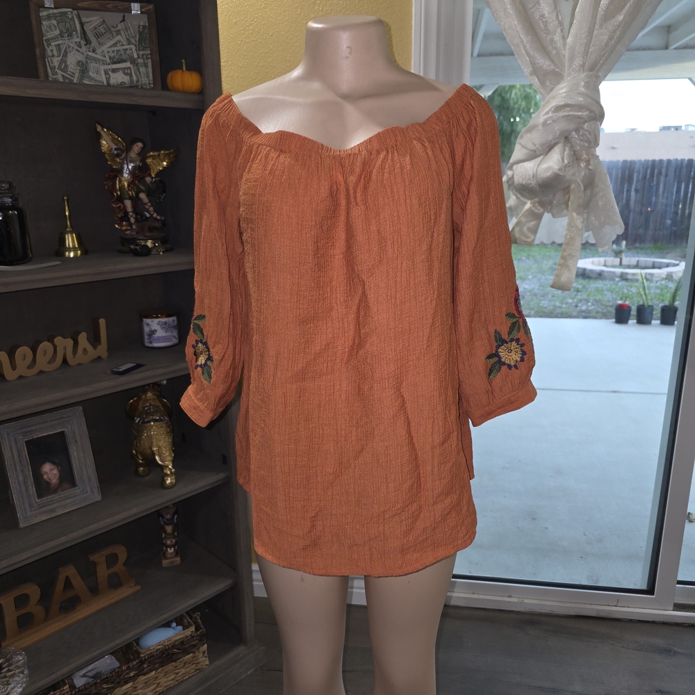 Orange Off-Shoulder Tunic with Floral Embroidery